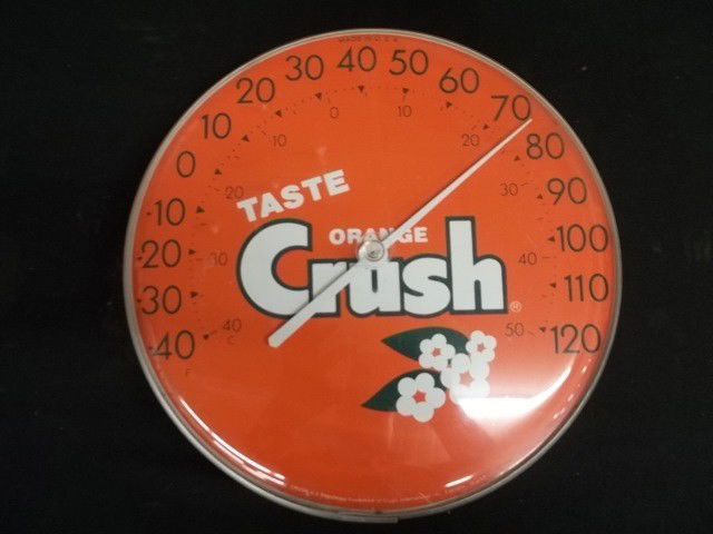 Old Orange Crush Thermometer: Nice old Crush thermometer measuring 12 inches across, marked 1156.