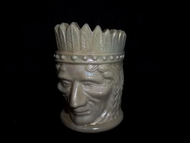 St Clair Indian Toothpick Holder Carnival: Carnival St Clair Indian Head Toothpick Holder with factory mold mark on backside