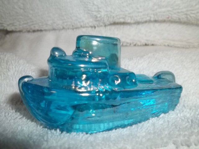 Boyd Blue Carnival Opal Boat: Marked Boyd Blue Carnival Opalescent Boat