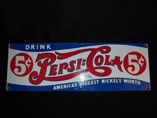 Porcelain Pepsi-Cola Sign: Porcelain pepsi-cola sign, 18 x 6, new old stock.