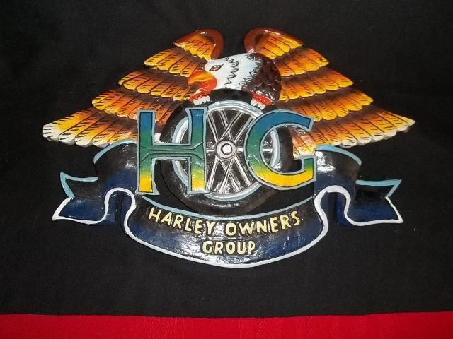 Wood Harley Owners Group Sign: W17 inch wooden harley owners group sign.