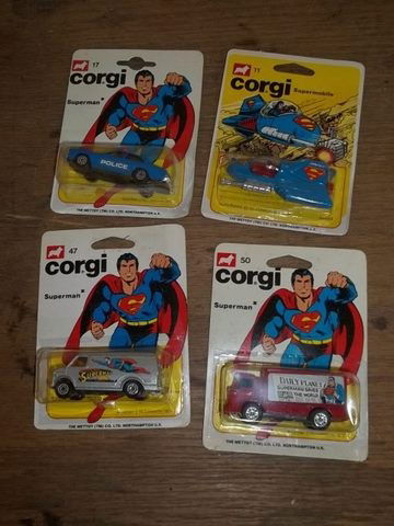 4 Vintage Superman Corgi Police Cruiser - Supermob: Lot of 4 vintage 1978-79 Corgi Superman vehicles in the package. You get 1 #11 supermobile, 1 #17 metropolis police cruiser, 1 #47 silver van, and 1 #50 Daily Planet Delivery Van. All are in the pack.