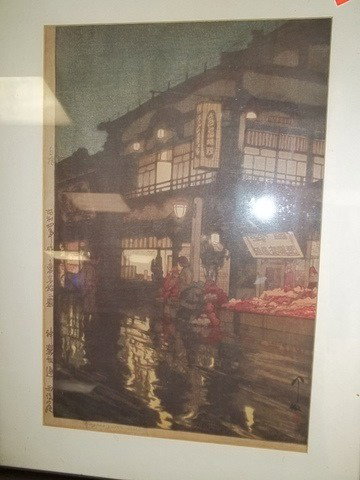 1929 Hiroshi Yoshida Signed Etching Kagurazaka Dor: Very rare 1929 Kagurazaka Dori after night rain signed stamped etching by Hiroshi Yoshida fully framed and matted 20 x 15 frame in nice condition. Tough to find, and a recent sale of this etching went