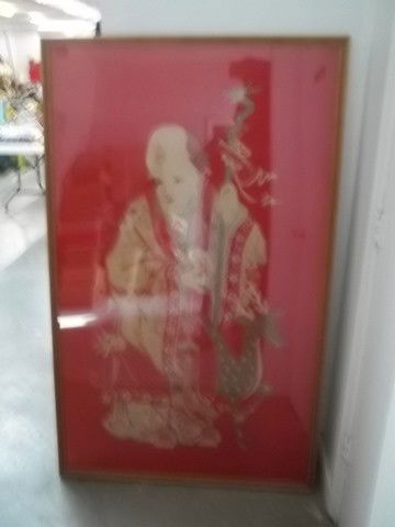 Old Hand Sewn Oriental Silk Tapestry Man & Dear: Amazing old hand sewn oriental silk tapestry of man and deer, some small age holes and stains, measures 62 x 38 inches, very rare and old.