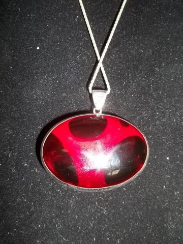 925 Sterling Silver Ruby Globe Necklace: Gorgeous 925 sterling silver necklace with ruby red glass globe under sterling, and also reverseable. Great looking necklace, pictures do not do it justice.