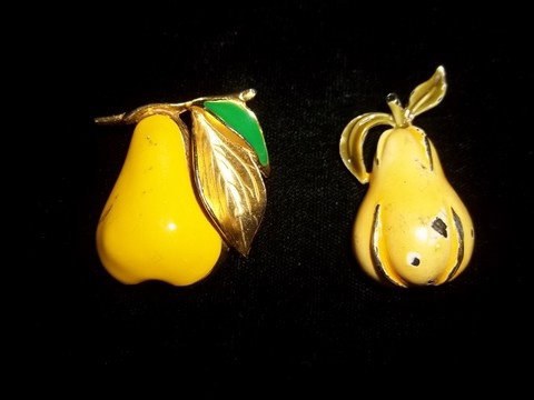 2 Pear Brooches Art & M. Jent: Lot of 2 pear brooches, one marked art, and the other marked M. Jent. One has rub marks