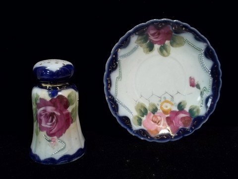 Hand painted nippon salt & plate: Hand painted nippon salt and plate