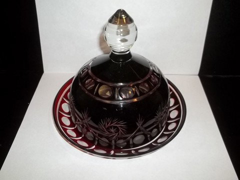 Ruby Bohemian cut glass butter dish: ruby red bohemian cut to clear butter dish