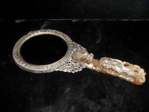 Gorgeous Oriental Carved Resin Hand Mirror: Gorgeous 9 inch oriental carved resin handle hand mirror, very ornate.