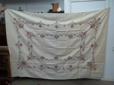 1940s-50s needlepoint table cloth: 1940s-50s needlepoint crosstitched tablecloth some soiling stains, dirty 99 x 69