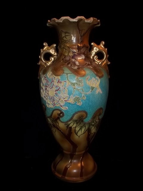 Old Oriental Hand Painted Enameled Vase: Old oriental 16.5 inch hand painted enameled vase, left handle has some chips, could be noritake