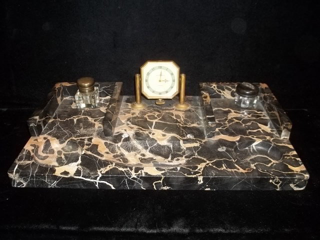 Antique Marble Desk Set Waltham Clock: Nice antique desk set with waltham clock and 2 inkwells, marble base, 16 x 9.5 inch, not sure if the clock works