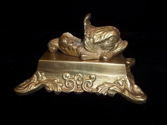 Brass Dolphin Pen Holder: 3.5 inch brass dolphin pen holder