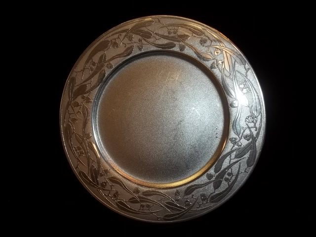 Don Sheil Flowering Gum Signed Silver Etched Charg: Don Sheil Flowering gum etched silver charger, signed on front. Scratches on front and back.
