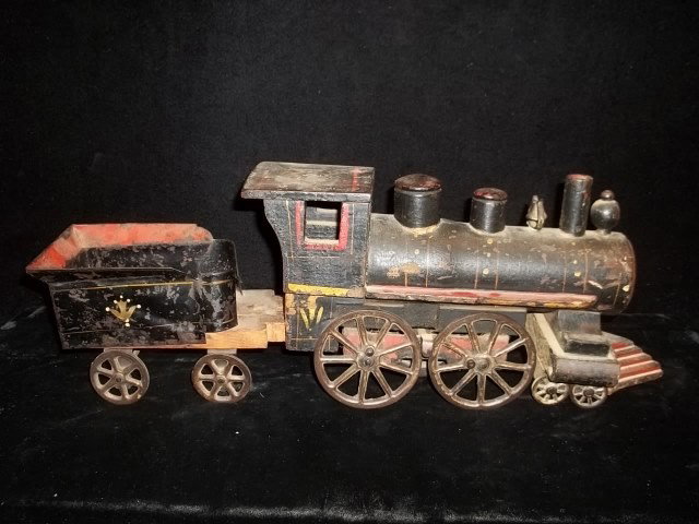Old Cast Tin Wood Friction Train: Old cast iron/tin/wood toy train with caboose, friction, 18 inch, with age wear