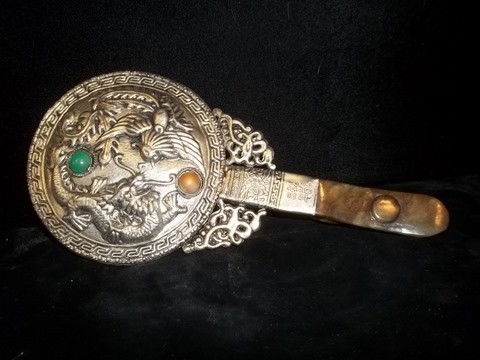 Oriental Hand Mirror: 9 inch oriental hand mirror with marks on mirror, very detailed