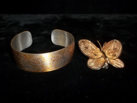 Reed Barton Damascene Butterfly Pair: Reed barton damascene butterfly bracelet and an unmarked butterfly brooch