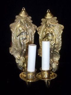 2 Brass Art Nouveau Candle Sconces: 2 11 inch brass contemporary art nouveau candle sconces