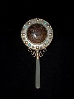 Oriental Dragon Turquiose Hand Mirror: nice oriental dragon and turquiose stone hand mirror, 7 inch