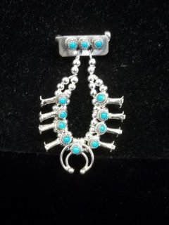 Navajo Native American Silver Squash Pendant: Larry Curley signed Navajo native american sterling silver turquiose squash pendant/pin
