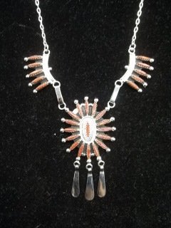 Navajo Native American Silver Coral Necklace: Gerald Beast Signed Navajo Native american sterling silver needle coral necklace