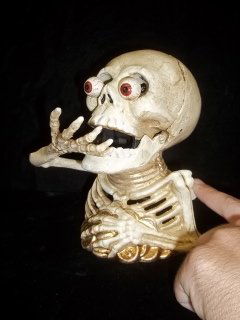 7 Inch Cast Iron Bugging Eyes Skeleton Bank: nice looking bank, cool bugging eyes with coin drop