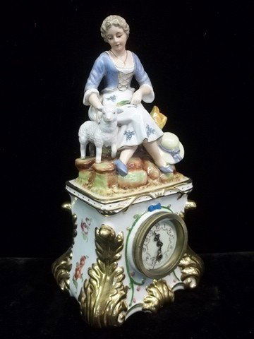 Hand Painted Lady w Lamb Centerpiece Clock: 12 inch, nice, works