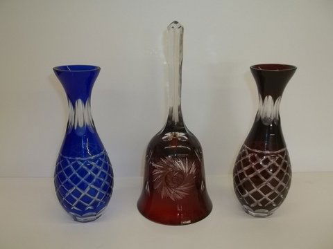 Cobalt Ruby Bohemian Cut Glass Collection: 2 vases 6 inches each, 1 bell 8 inches