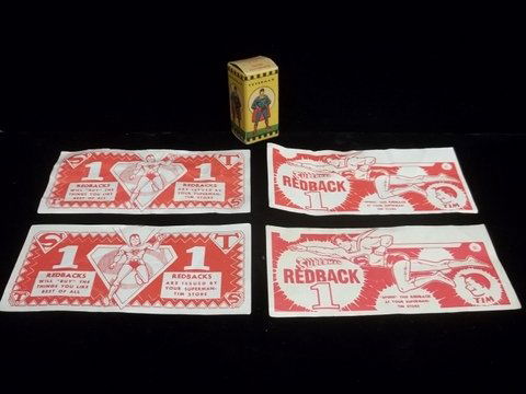 1940s Superman Film Box, Redback Dollars: No film in box, dollars are from the Superman Tim promotion of the 1940s where kids earned through the Superman Tim Club dollars bills (they came in 1s and 5s) and redeemed them at Superman Tim stores