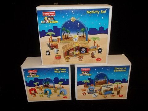 3 Rare Fisher Price Little People Nativity Sets: Musical and lights Great in box, sealed in the bags Fisher Price 3-Piece boxed little people nativity set. These sets are becoming very tough to find. Includes the musical lights and sounds nativity s