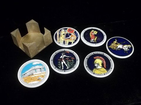 Greecian Hand Painted Smaltotechniki Coasters: Vintage hand painted in Greece