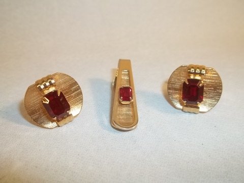 Vint Art Deco Ruby Red Cufflinks Tie Bar Set: Nice