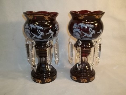 2 Mary Gregory HP Ruby Red Mantle Lusters: 11 inch, nice beautiful set