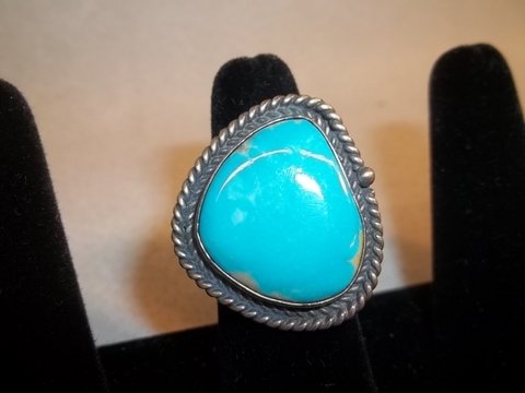 Large Native American Sterling Turquiose Ring: handmade, signed GW, navajo