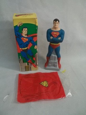 Vintage Superman Avon Bubblebath In Box: From 1978, unused. Superman is full of Bubble Bath soap and his cape is uncut. The child-owner would cut out the cape and put it onto the figure. And the original box is in very nice condition.