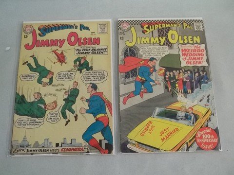 2 1960's Superman Jimmy Olsen Comic Books: pair of great comics with wild and weird themes - several jimmy's falling from sky, which one will superman save? and jimmy marries lois lane's sister keeping supes out of the picture with lois