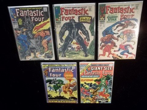 5 1960s 70s Fantastic Four Comic Books: Used condition - some good to very good, early description had these graded HIGHER, but they average GOOD in comic grading, which is at the low end of the grading scale