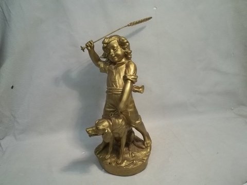 Old French Noe Ranerr Bronze Girl Dog Statue: 18 inch, in nice condition, signed and stamped, appears to be signed by Noe Ranerr, painted bronze