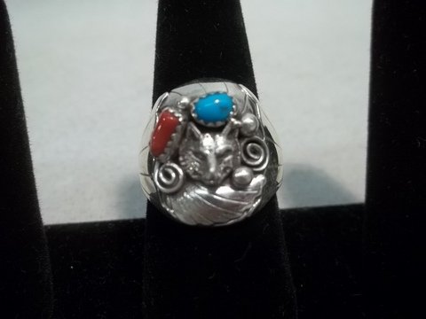 Grace Smith Sterling Navajo Wolf Ring: size 10.5 with coral and turquiose