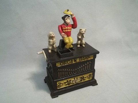 Cast Iron Organ Bank monkey dog & cat: modern piece