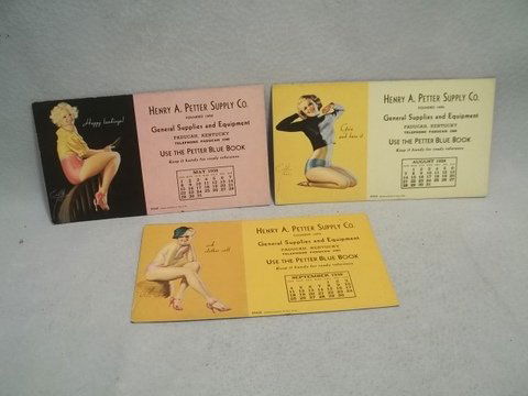 3 1938 Pin-Up Girl Calendars Paducah KY Nudity: Artwork by noted pin-up girls artists of the time like Earl Moran. From Petters Supply Co. of Paducah, KY these are unused ink blotters with a blue backside that double as a handy and attractive adver