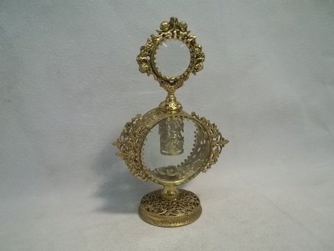 Old Ornate Brass Perfume w Magnifying Glass Top: gorgeous old piece 9 inch, very ornate