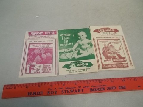 1950s Drive In Theater Mailers Nice: Each one opens up to a tri-fold with a ton of upcoming movies advertised. Can't remember, but I beleive these from a movie theatre in RED BUD, Ill. These were mailed to local patrons with ads for the 