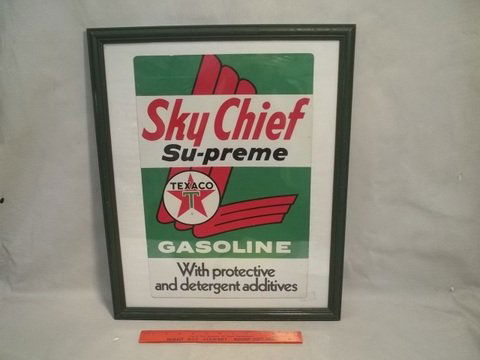 Old Skychief Supreme Texaco Gasoline Sign Framed: framed