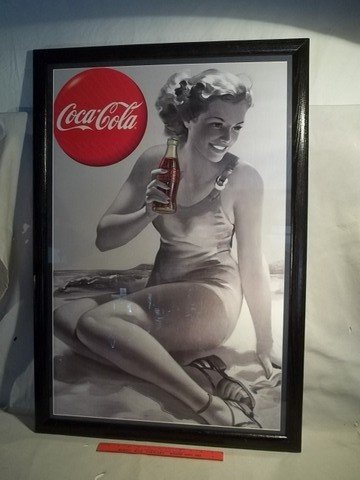 Framed Matted Coca-Cola Beach Girl Sign: Very nice 26 x 39 inch Coca-Cola beach Girl Sign nicely framed, great look