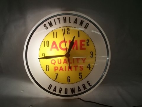 Old Acme Paints Hardware Store Clock: Beautiful old clock, works, lights up, there is a crack down the interior plastic as shown