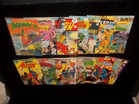 20 1970s DC Comic Superman Green Lantern, etc: Great mix of 70s DCs in fine to very fine, some possible near mint condition - Superman, Action, Green Lantern, Aquaman, Superman's Pal Jimmy Olsen, Flash, Legion of Superheroes, Adventure with Plasti