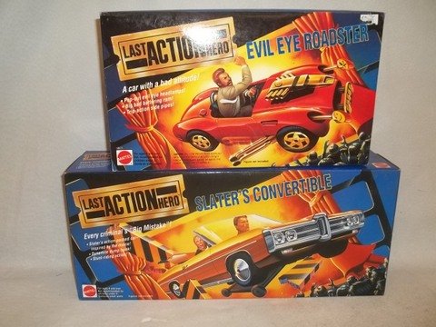 1993 Last Action Hero Movie Lot Schwarzenegger: Arnold stars in this flick and drove a bad car - you get his car and the evil eye roadster both mint in box, never removed from the box, boxes in C8 shape or better.