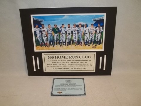 AMAZING 500 HR Club Multi Autograph MANTLE MAYS: Amazing 1988 500 Home Run Club Multi Autographed Matted Serial Numbered Photo. Contains Autographs of Hank Aaron, Willie Mays, Frank Robinson, Harmon Killebrew, Reggie Jackson, Mike Schmidt, Mickey Ma