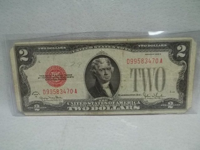 1928 US $2.00 Dollar Bill Red Seal Note: .